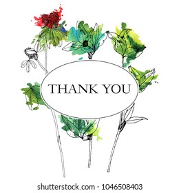 Vector background with drawing wild plants, herbs and flowers and paint stains, botanical illustration, natural floral template