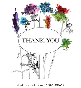 Vector background with drawing wild plants, herbs and flowers and paint stains, botanical illustration, natural floral template