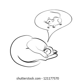 vector background, dreams and desire sleeping cat in black and white