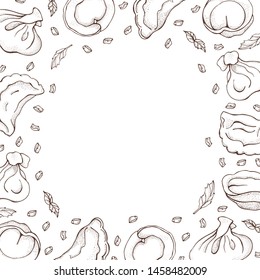 Vector background of dumplings with spice. Sketch hand drawn Ravioli. Vareniki. Pelmeni. Meat dumplings. Food. Cooking. National dishes. Products from the dough and meat. For restaurant menu, cards.