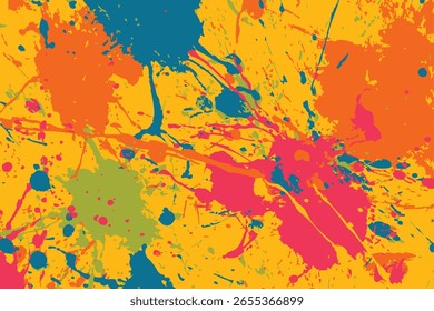 Vector background with a dynamic paint splatter texture. This repeating pattern, with its layered, colorful splashes, is ideal for bold fabric printing, giftwrap, or as a vibrant website backdrop.