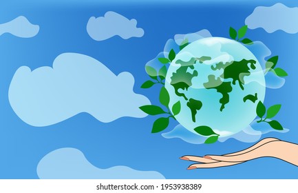 Vector background to Earth Day. Female hand and globe. Flat cartoon style on a blue background. Vector disign with clouds and text bubble. Concept: protect the planet, nature.