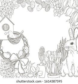 Vector background with Easter Bunny and spring flowers. Sketch    illustration.