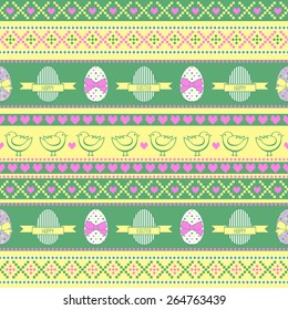 Vector background with Easter chicks, decorative eggs, hearts and bows. Seamless Easter pattern. 
