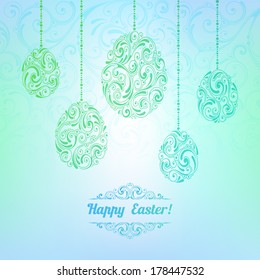 Vector background with Easter decoration for your design. Vintage ornamental eggs on blurry background. Happy Easter greeting card
