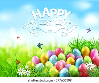 Vector background. Easter eggs in green grass with white flowers, butterflies on blue, blurred , natural background