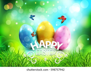 Vector background. Easter eggs in green grass with white flowers, butterflies on blue, blurred , natural background