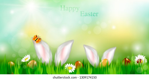 Vector background for Easter. Easter eggs and Rabbit ears sticking out of the grass . Festive decoration. - Vector