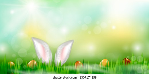 Vector background for Easter. Easter eggs and Rabbit ears sticking out of the grass . Festive decoration. - Vector