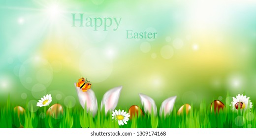 Vector background for Easter. Easter eggs and Rabbit ears sticking out of the grass . Festive decoration. - Vector