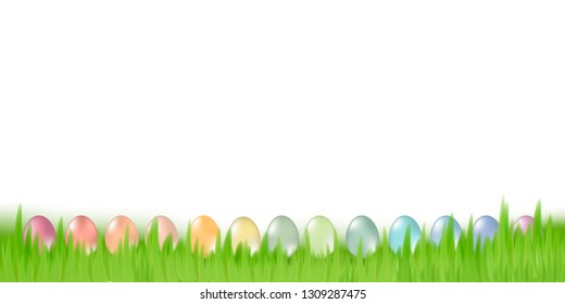 Vector background for Easter. Easter eggs and Rabbit ears sticking out of the grass . Festive decoration. - Vector