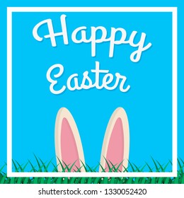 Vector background for Easter. Happy Easter background template. Rabbit ears sticking out of the grass