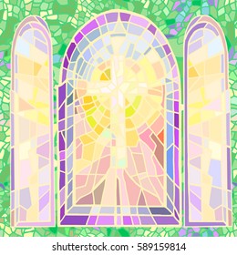 Vector background with Easter motifs, open window,  sunbeams and cross.