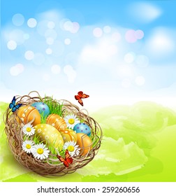 vector background with Easter nest and eggs on spring background with bokeh 