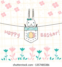 Vector background for easter with rabbit in the pocket and flowers. Bunny's backdrop. EPS10. For print on clothes for boys or girls.
