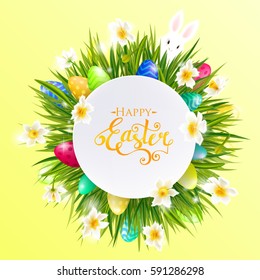 Vector background for Easter with a round card for text, eggs, grass, bunny and flowers around. Lettering "Happy Easter" Vector illustration eps10