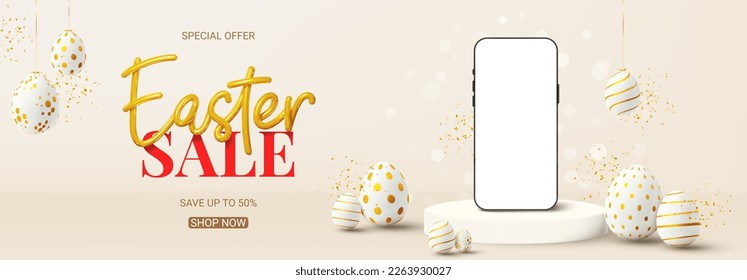 Vector background for Easter sale. Vector holiday illustration with phone with blank display on podium, decorative eggs and golden confetti. Happy Easter banner for presentation of products or goods.