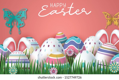 Vector background for Easter. Template. Rabbit ears sticking out of the grass. Vector illustration