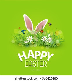 Vector background for Easter. Template. Rabbit ears sticking out of the grass
