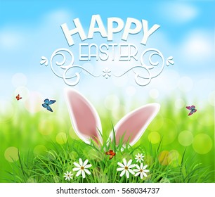 Vector background for Easter. Template. Rabbit ears sticking out of the grass . 