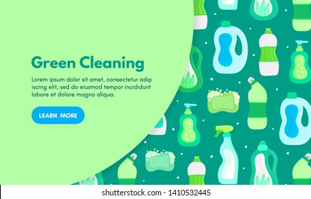 Vector background with eco friendly household cleaning supplies. Natural detergents. Landing page template. Products for house washing. Green home. Online store. Banner, mailing, advertising, label