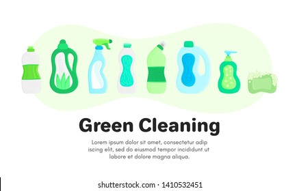 Vector background with eco friendly household cleaning supplies. Natural detergents. Landing page template. Products for house washing. Green home. Online store. Banner, mailing, advertising, label