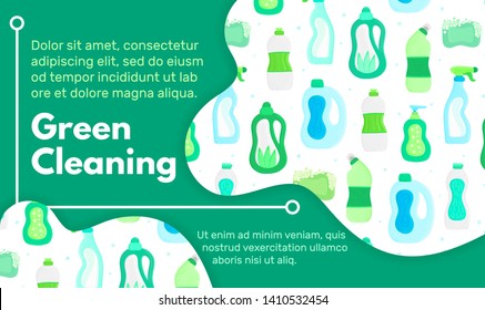 Vector background with eco friendly household cleaning supplies. Natural detergents. Landing page template. Products for house washing. Green home. Online store. Banner, mailing, advertising, label