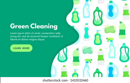 Vector background with eco friendly household cleaning supplies. Natural detergents. Landing page template. Products for house washing. Green home. Online store. Banner, mailing, advertising, label