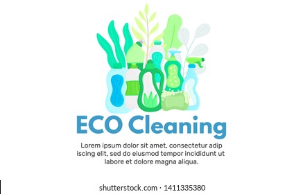 Vector background with eco friendly household cleaning supplies. Natural detergents. Landing page template. Products for house washing. Green home. Online store. Banner, mailing, advertising, label