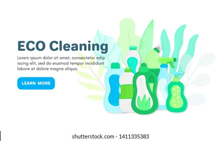 Vector background with eco friendly household cleaning supplies. Natural detergents. Landing page template. Products for house washing. Green home. Online store. Banner, mailing, advertising, label