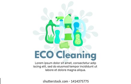 Vector background with eco friendly household cleaning supplies. Natural detergents. Landing page template. Products for house washing. Green home. Online store. Banner, mailing, advertising, label