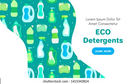 Vector background with eco friendly household cleaning supplies. Natural detergents. Landing page template. Products for house washing. Green home. Online store. Banner, mailing, advertising, label