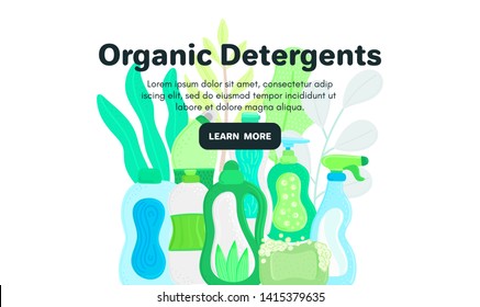 Vector background with eco friendly household cleaning supplies. Natural detergents. Landing page template. Products for house washing. Green home. Online store. Banner, mailing, advertising, label