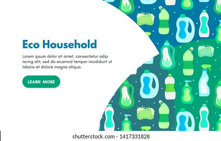 Vector background with eco friendly household cleaning supplies. Natural detergents. Landing page template. Products for house washing. Green home. Online store. Banner, mailing, advertising, label