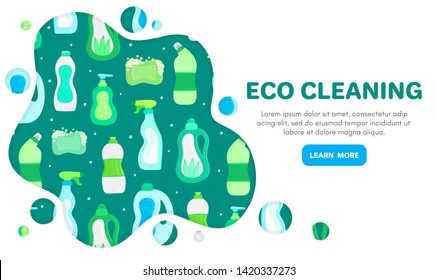 Vector background with eco friendly household cleaning supplies. Natural detergents. Landing page template. Products for house washing. Green home. Online store. Banner, mailing, advertising, label