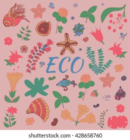 Vector background with eco label. Think green. Premium quality green product. Environmental protection.