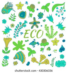 Vector background with eco label. Think green. Premium quality green product. Environmental protection.