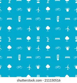 Vector background for ecology. Seamless vector pattern with white silhouette ecology symbols on blue background.