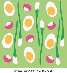 Vector background - eggs, green onions, radishes