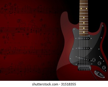Vector background with electric guitar and musical notes.