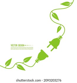 Vector background with electric plug and socket and electric cable with green leaves. Green renewable innovative energy concept.