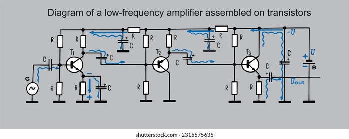 Vector background with electrical scheme. Schematic diagram of electronic device (low frequency 
amplifier assembled on transistors).
Drawing of electric circuit with resistor, capacitor, transistor.