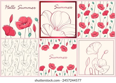 Vector background of elegant poppies for wedding invitations, menus, sales, holiday posters. Bright banners, posters, cover design templates, wallpapers for social networks with summer flowers.
