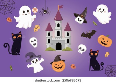 Vector background with elements of a happy Halloween day. Cute ghosts, pumpkins, skulls and cats.  It can be used in web design, social media, and print.