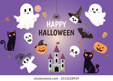 Vector background with elements of a happy Halloween day. Cute ghosts, pumpkins, skulls and cats.  It can be used in web design, social media, and print.