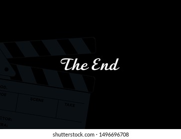 Vector background, the end. Black background and clapperboard, end of the film. Screensaver after the movie. svg