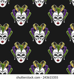vector background with engraving Mardi Gras or Shrove Tuesday carnival mask or jester emblem. seamless pattern