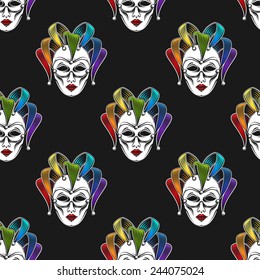 Vector Background With Engraving Rainbow Venetian Carnival Mask Or Jester Emblem. Seamless Pattern