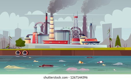 Vector background with environmental pollution. Factory plant smokes with smog, trash emission from pipes to river water. Grey sky and polluted grass. Ecology, nature concept with dirty pond, grey sky