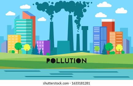 Vector background with environmental pollution. Factory plant smokes with smog, trash emission from pipes to river water. Grey clouds and polluted grass. Ecology, nature concept with dirty pond.